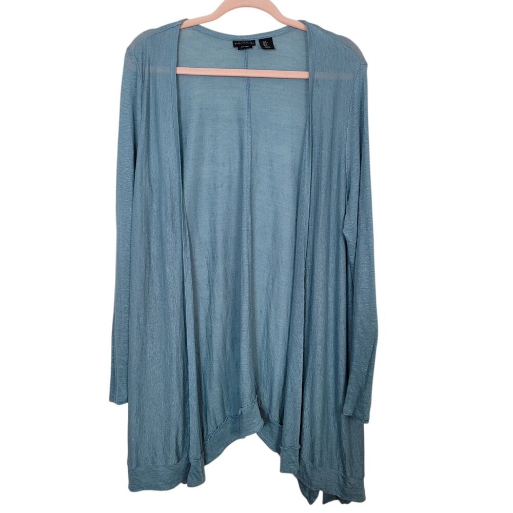Tahari Draping Open Front Cardigan 100% Linen Seafoam Blue Layering Sz Small